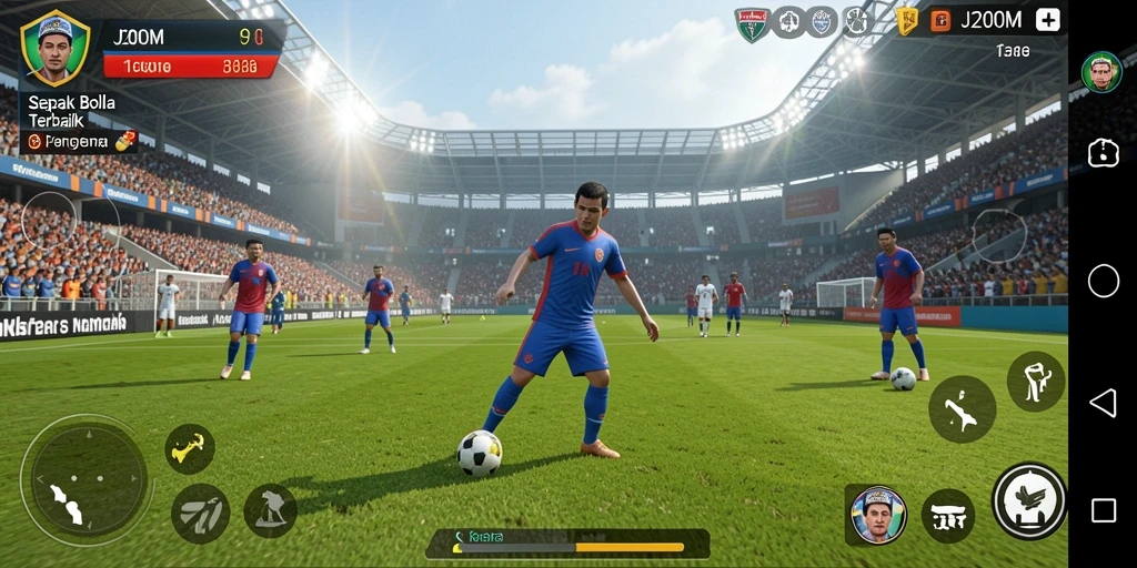 Screenshot gameplay J200M yang menampilkan aksi sepak bola seru.