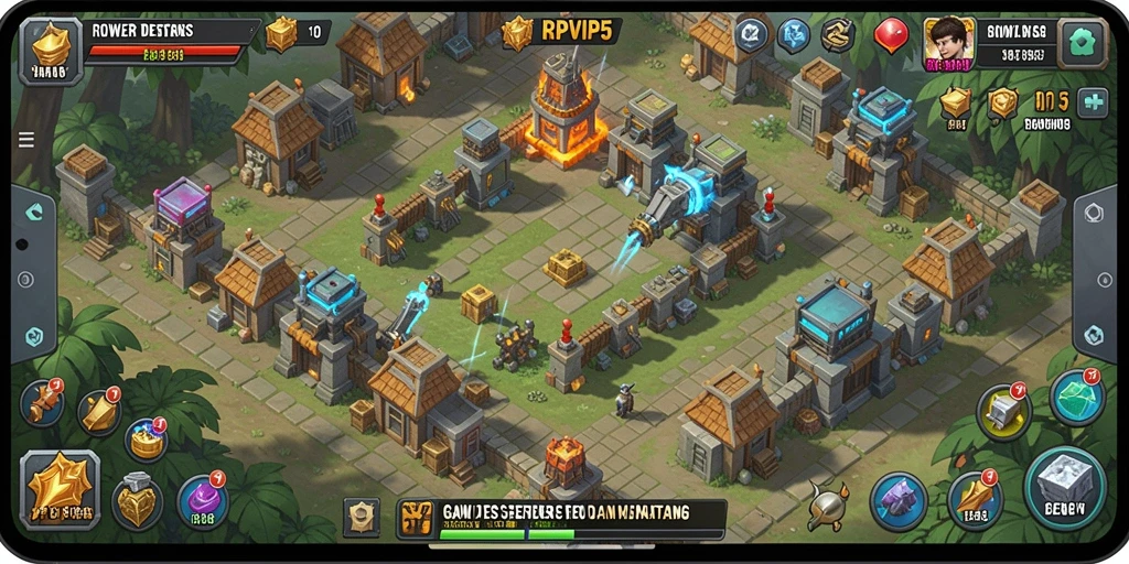 Screenshot gameplay RPVIP5 dengan menara yang berfungsi melawan musuh.